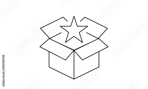 Surprise box icon with star rating and open gift concept for creative solution or product unboxing. Editable stroke, Vector illustration, Line art Icon, Symbols.