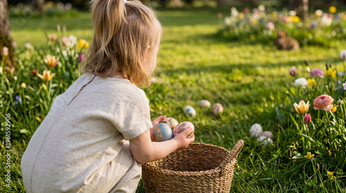 Young girl crouching in sunny grass, holding decorated Easter eggs during a joyful springtime hunt.