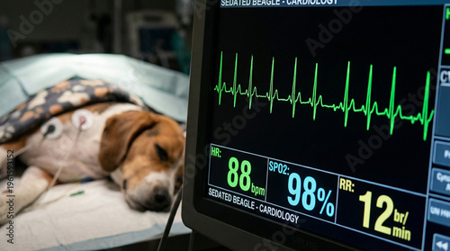 A dog is laying on a table with a monitor showing its heart rate