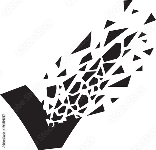 Shattered Checkmark Icon Breaking Apart in Black and White