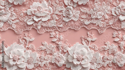 Seamless delicate white lace pattern on pale pink satin background, elegant couture textile design, flat 2D tileable print, refined luxury fashion fabric with intricate details