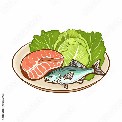 A plate of fish and cabbage naive brush sketch vector illustration serves meat