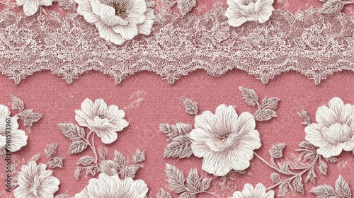 Seamless delicate white lace pattern on pale pink satin background, elegant couture textile design, flat 2D tileable print, refined luxury fashion fabric with intricate details