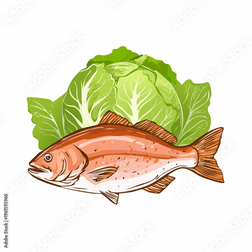 Fresh salmon fillet with crisp lettuce leaves vector illustration