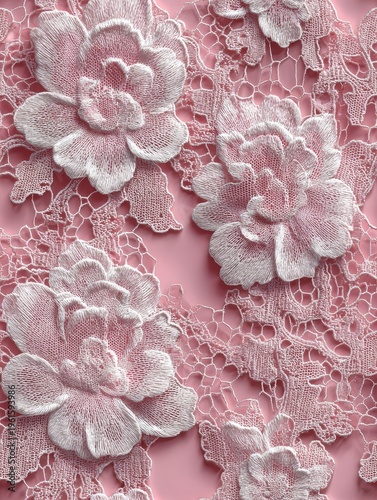 Seamless delicate white lace pattern on pale pink satin background, elegant couture textile design, flat 2D tileable print, refined luxury fashion fabric with intricate details