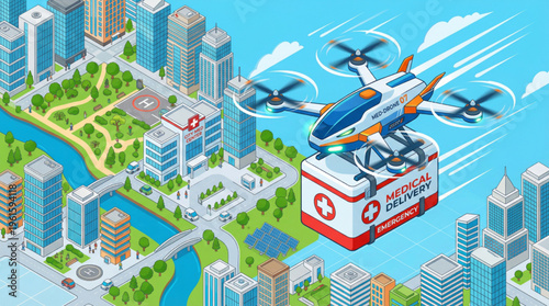 Isometric futuristic medical delivery drone carrying supplies