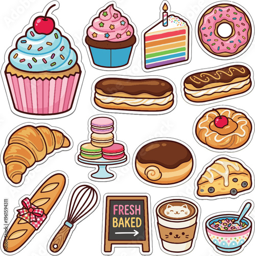 Cute Pastel Cupcake Vector Sticker. Sweet bakery muffin with frosting and cherry isolated.
