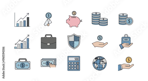 Financial Icons Set: Growth, Savings, Security, Investment, Business, Money