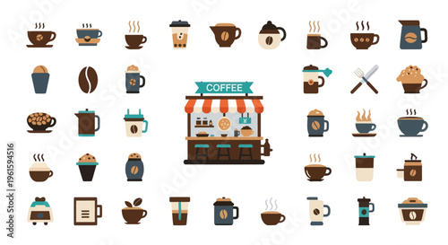 Coffee Shop Icons Set: Cups, Mugs, Barista Stand, Beans, Drinks