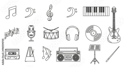 Collection of musical instruments and symbols in a sketch style.