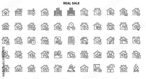 Collection of real estate icons representing various types of properties and buildings for sale.