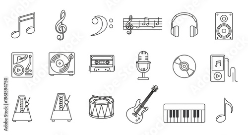 Collection of musical instruments and audio equipment in a line art style.