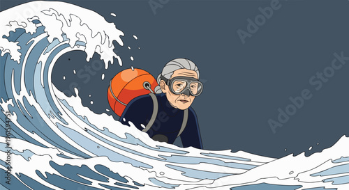 An illustrated woman wearing a wetsuit and swimming goggles rides a crashing wave with an orange surfboard, conveying a sense of adventure in the ocean.