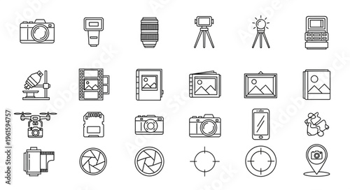 Collection of photography equipment icons, perfect for creative projects and design.