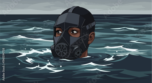 Illustration of a woman wearing a gas mask while submerged in water with a dark and ominous mood.