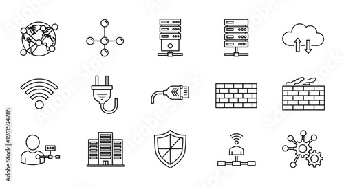 Collection of network and internet icons representing digital technology and security.