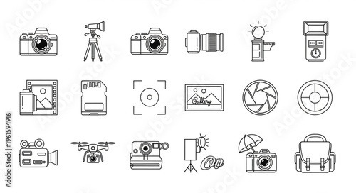 Collection of photography equipment and accessories in artistic sketch style.