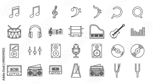 Collection of musical instruments and symbols in black and white line art.