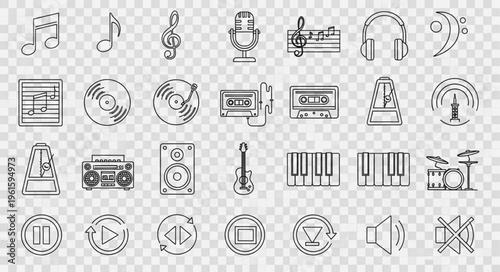 Collection of musical instruments and audio equipment icons in a line art style.