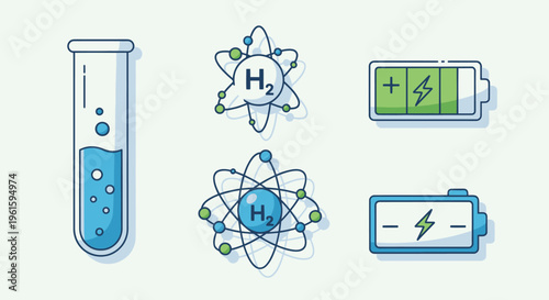 Hydrogen Energy Icons: Test Tube, Atoms, and Batteries