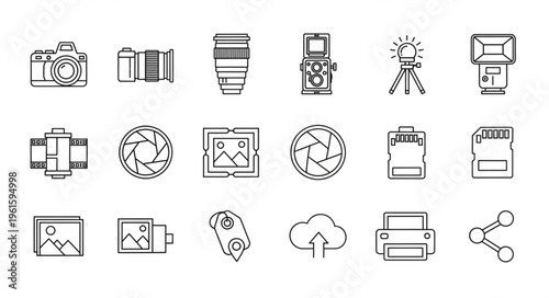 Collection of photography equipment and accessories in a line art style.