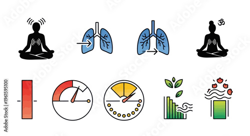 Mindful Breathing and Lung Health Icons: Meditation, Respiration, Vitality, Balance