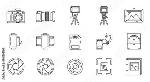 Collection of photography equipment and accessories, artistic line drawings.