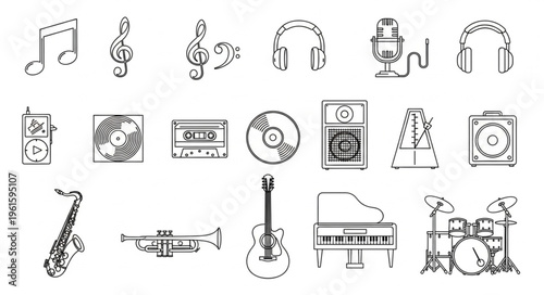 Collection of musical instruments and audio equipment in a line art style.