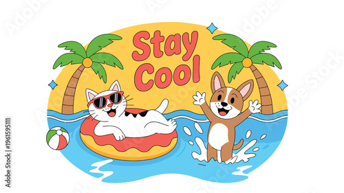 A cartoon cat and dog enjoying a tropical vacation