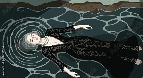 A serene woman in a long, black dress floating on water with ripples around her head, conveying a sense of calmness and tranquility in a moody atmosphere.