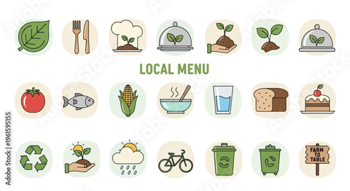 Local Menu Icons: Farm Fresh Food, Healthy Eating, Sustainability, Organic Produce