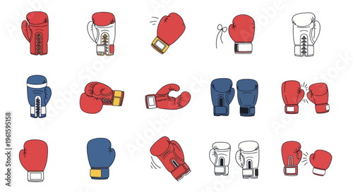 Boxing Gloves Collection: Red, Blue, White - Isolated Elements for Sports & Fitness Graphics