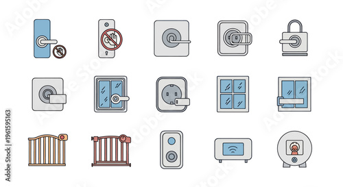 Home Security and Safety Icons: Locks, Doors, Windows, and Baby Gates