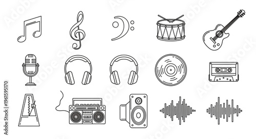 Collection of musical instruments and audio equipment in a line art style.