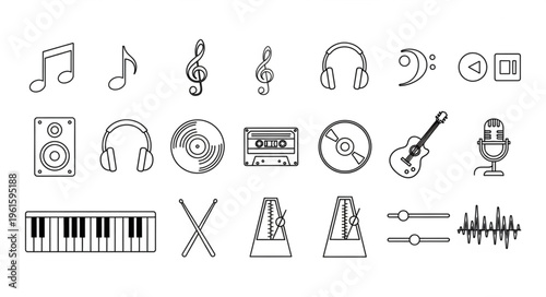 Collection of musical instruments and audio equipment in a line art style.