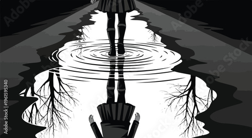 A woman in a skirt standing by water with ripples reflecting trees, captured in a dramatic black and white illustration with a focus on water storytelling.