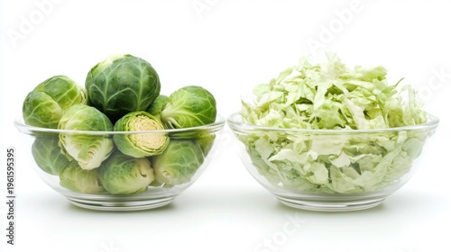 Halved Brussels Sprouts and Shredded Cabbage in Bowls