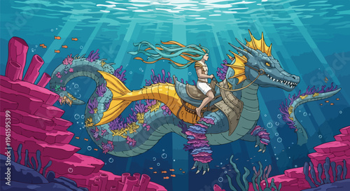 A serene mermaid swims alongside a majestic sea dragon in vibrant, colorful ocean waters with coral reefs and sunlight filtering through the surface.
