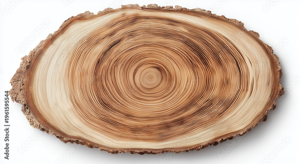 Obraz premium a top view of an isolated wood slice with visible rings, representing age and growth, on a white background.