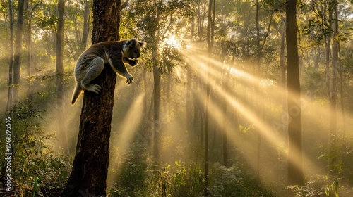 Koala climbing tree in golden morning forest sunlight
