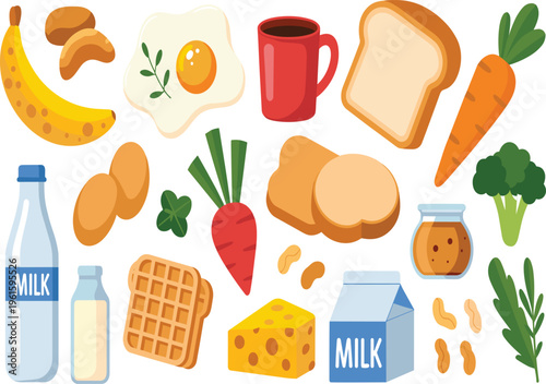 Healthy food vector icon set with milk, bread, eggs, vegetables, and breakfast elements, for menu