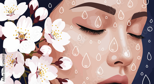 Illustration of a serene woman with closed eyes surrounded by cherry blossoms and water droplets on her face and petals, conveying a peaceful and calming atmosphere.
