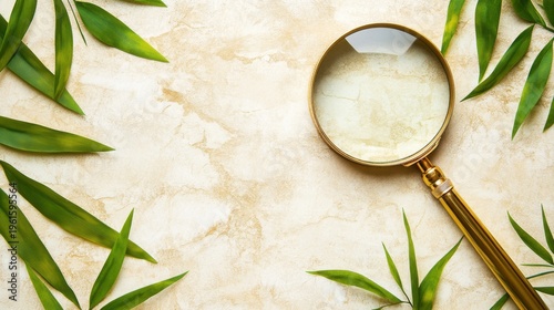Magnifying Glass With Green Leaves on Textured Background