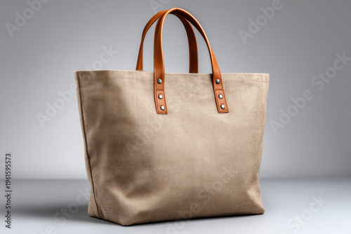 Beige canvas tote bag with brown leather handles is displayed against a neutral background, highlighting minimalist design and practical storage capabilities for everyday use