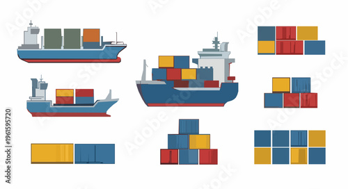 Ship and container vector icon set shipping logistics EPS10 isolated on white