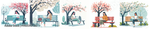 vector of woman sitting on a park bench with a laptop in spring