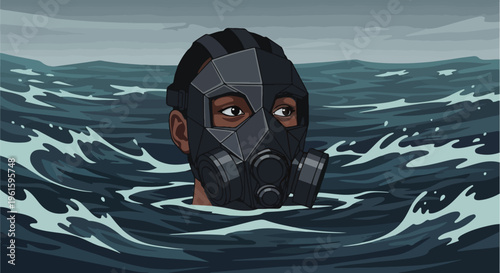 A woman wearing a gas mask is submerged in turbulent water with a worried expression, conveying a sense of danger and urgency.