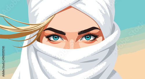 A woman wearing a white headscarf stands against a desert background with water ripples, her blue eyes and blonde hair visible.