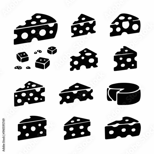 Vector Cheese Silhouette Set: Minimalist Flat Swiss Wedges, Gourmet Cubes, and Round Wheel Icons Isolated on White