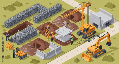 Isometric Construction Site Illustration - Building Foundations and Infrastructure.
